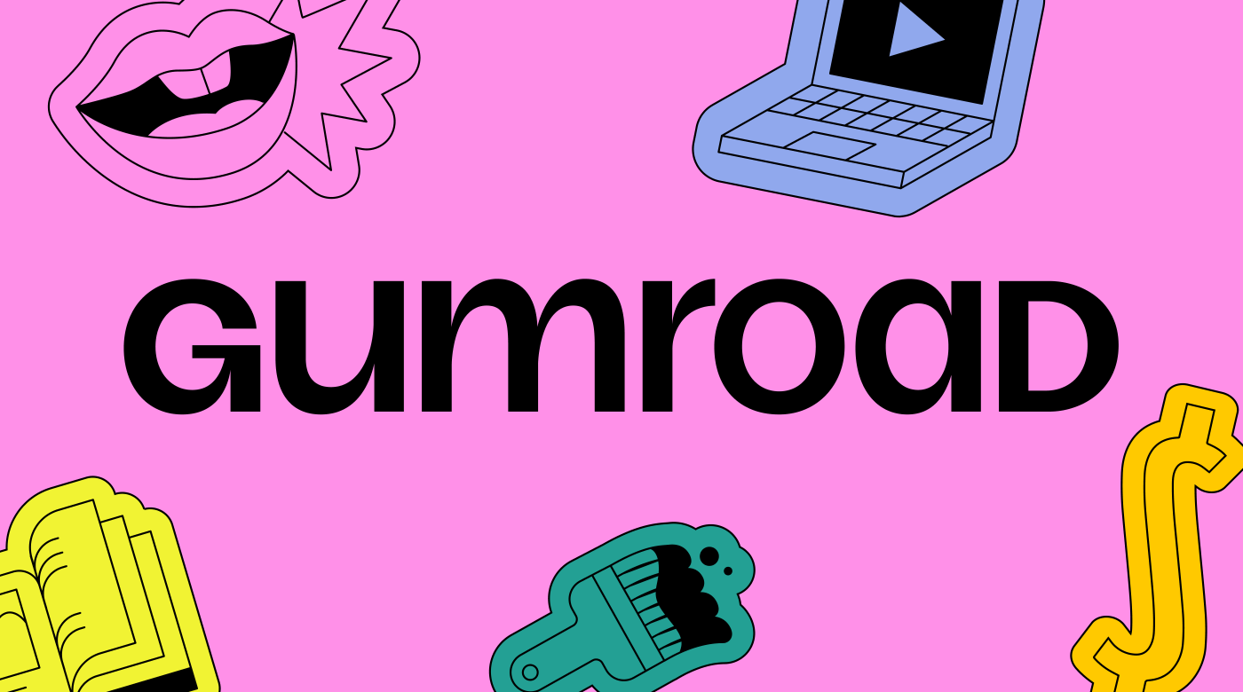 Gumroad logo with illustrations of objects like a computer, a paint brush, a book and more.