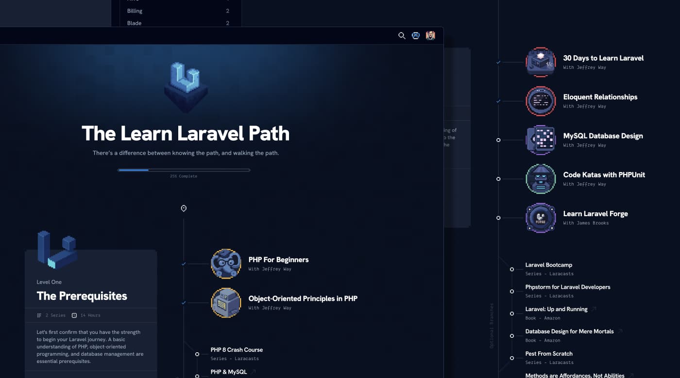 The "Path" page, showing a guided journey through learning Laravel.