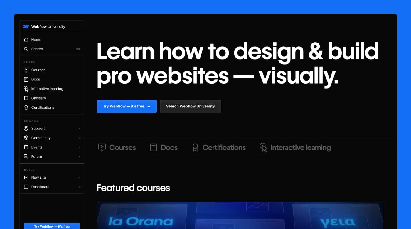 Webflow University home page