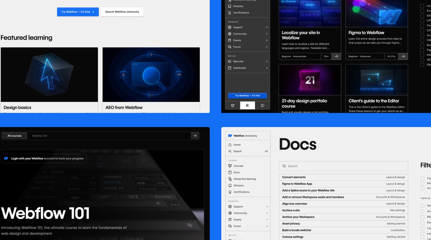 2 x 2 grid of Webflow University pages