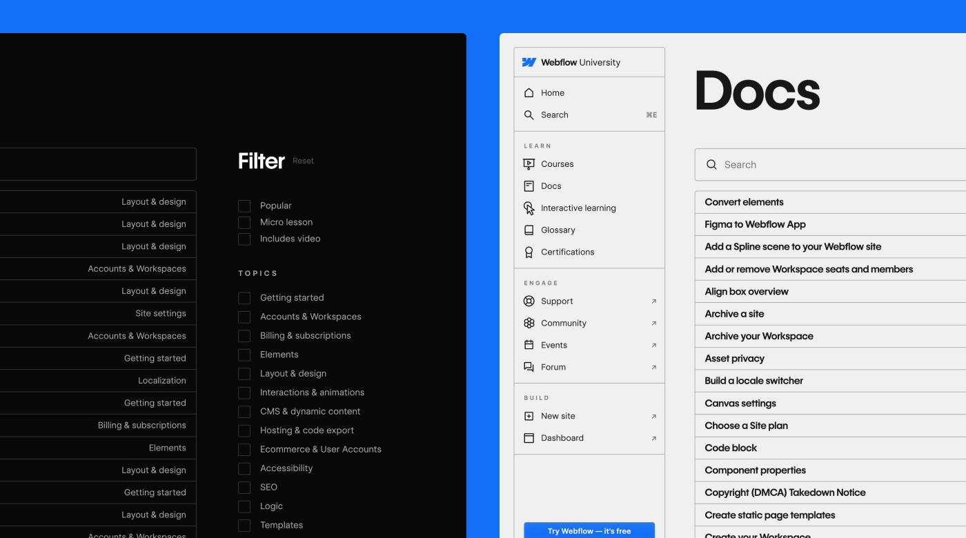 Webflow University Docs page in light & dark mode side by side